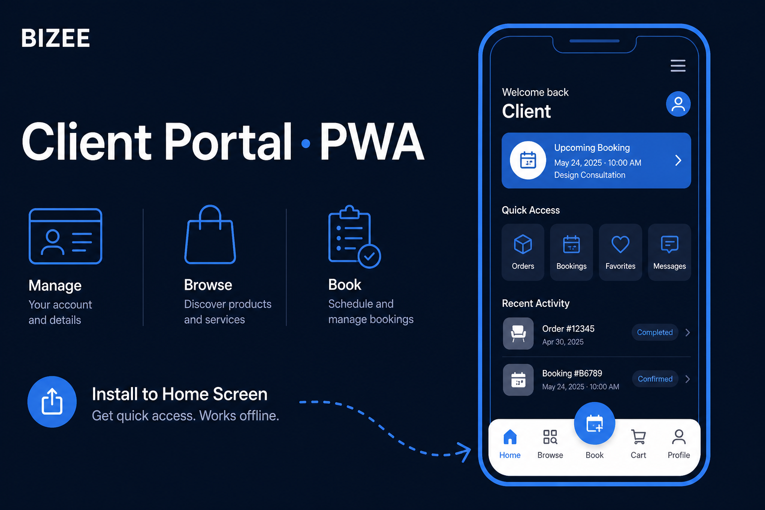 Bizee client portal PWA and bottom navigation cover