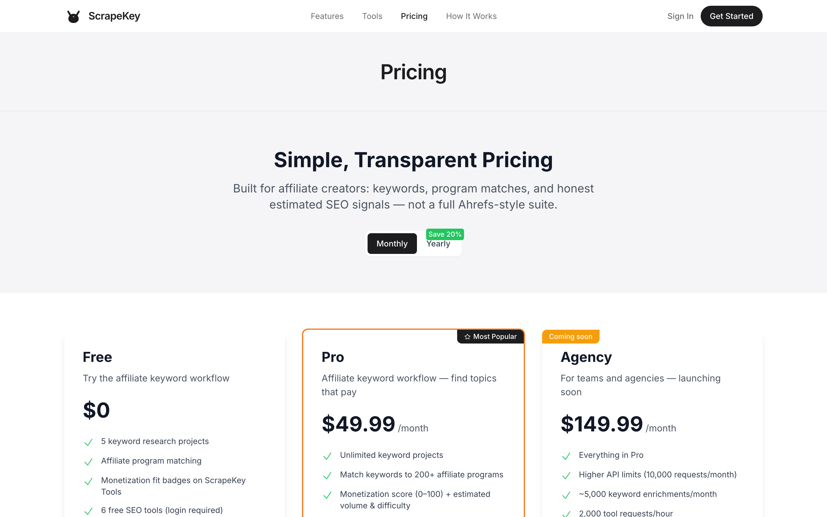 ScrapeKey Pricing page showing Free, Pro, and Agency plan cards