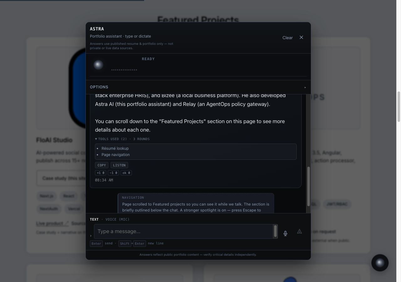 Astra panel showing expanded tool trace for a project question