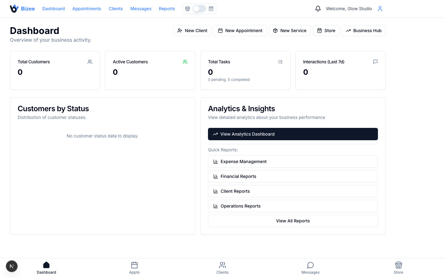 Bizee owner dashboard on desktop