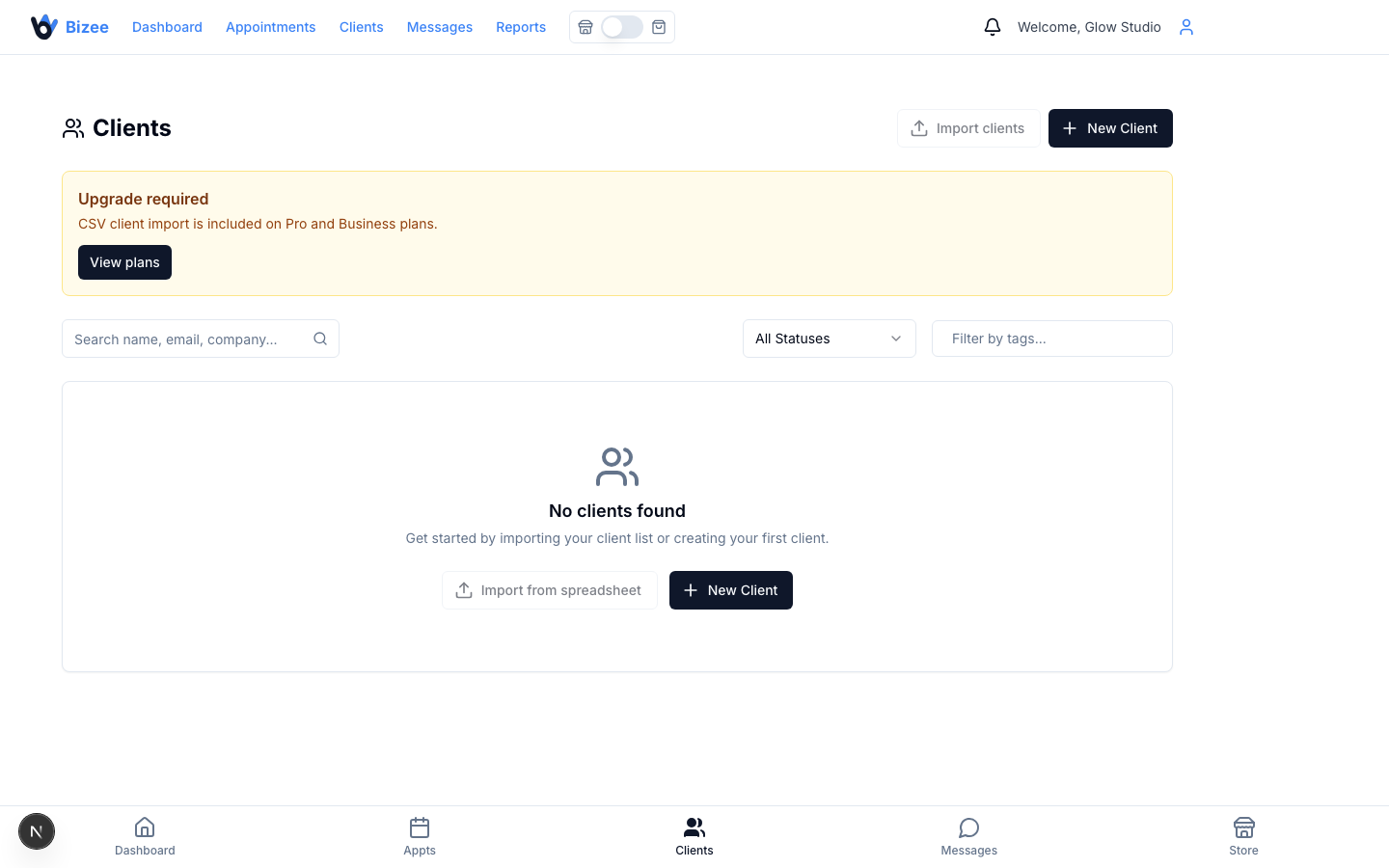 Bizee CRM client list on desktop