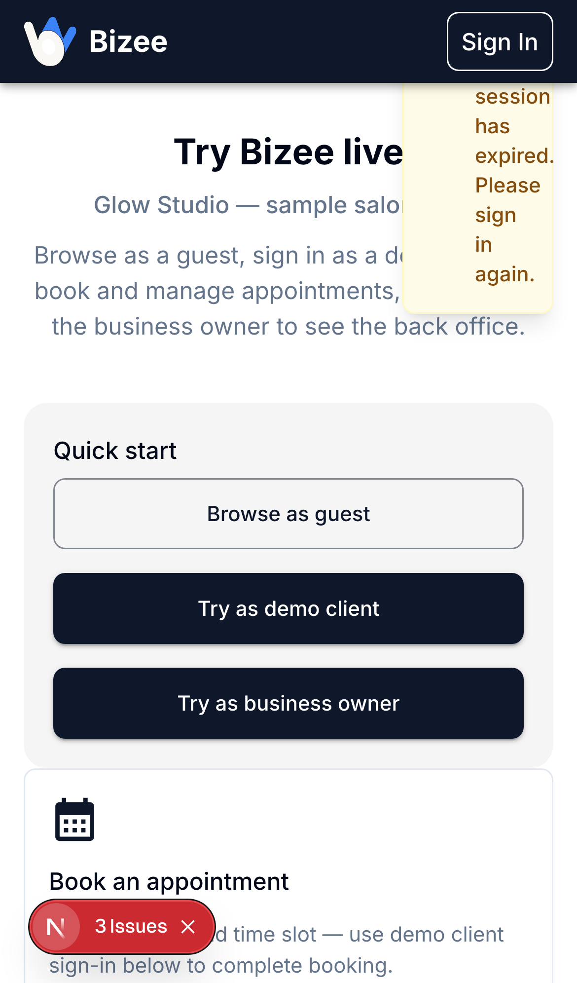 Glow Studio demo hub on mobile
