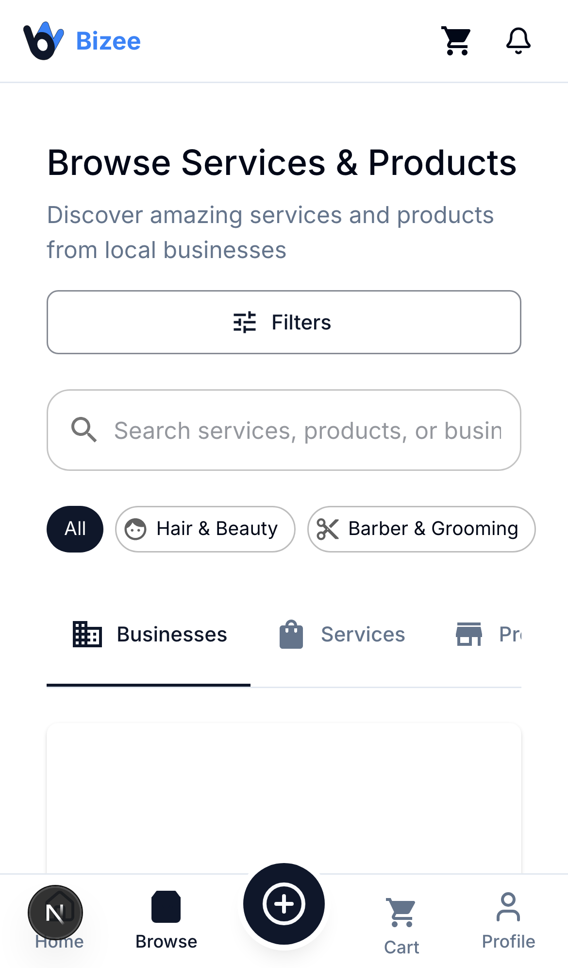 Bizee client browse and book flow on mobile