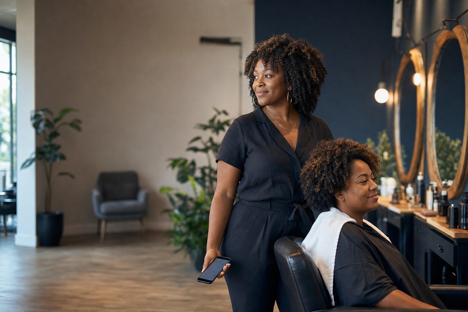 Salon stylist using a phone while a client sits in the chair — Bizee purpose hero