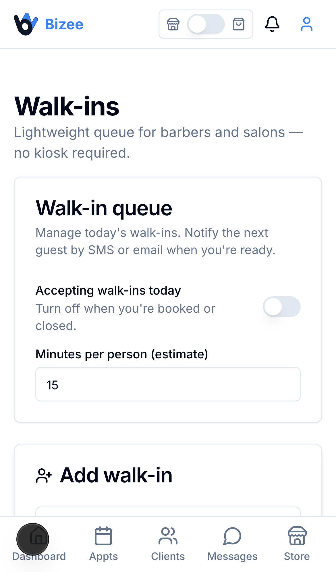 Bizee walk-in queue on mobile for barbers and salons