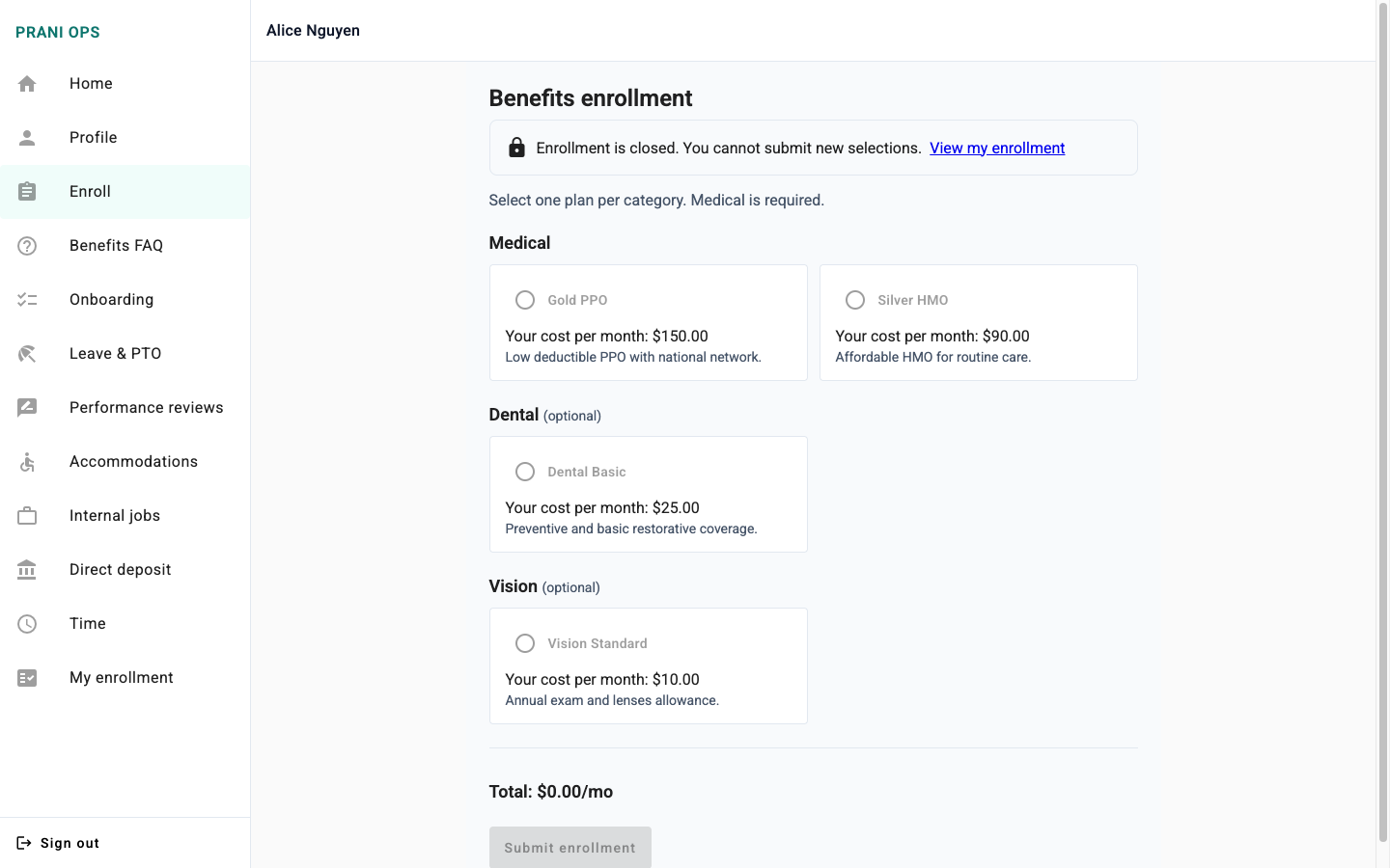 PRANI OPS benefits enrollment screen with selected medical and dental plans and running total