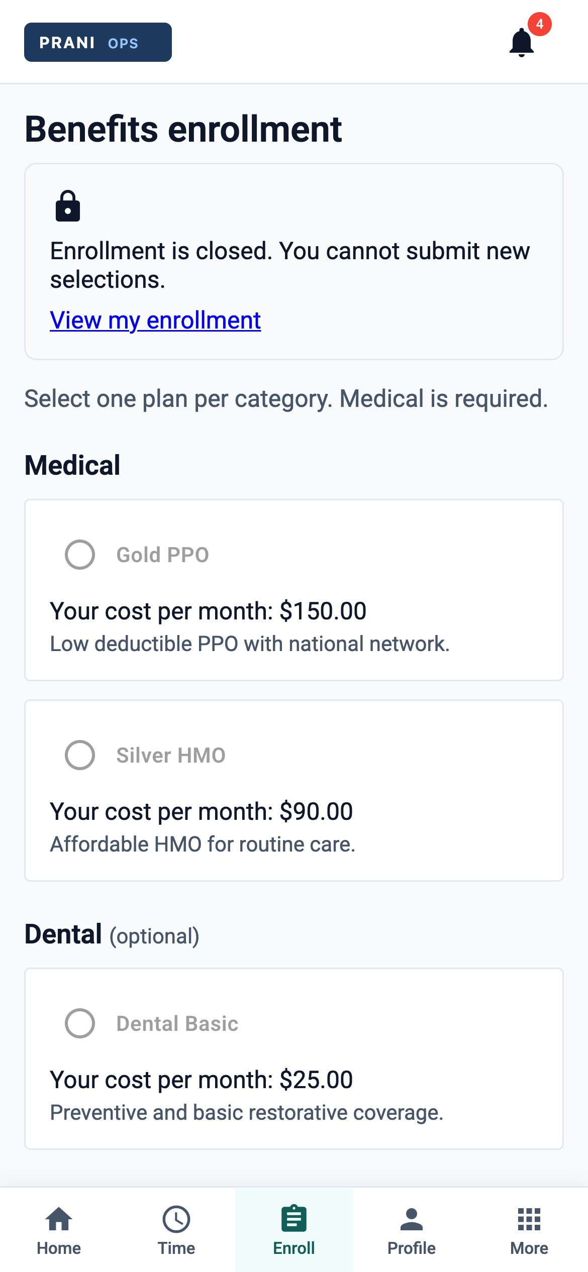 Mobile enrollment wizard on medical plan selection step