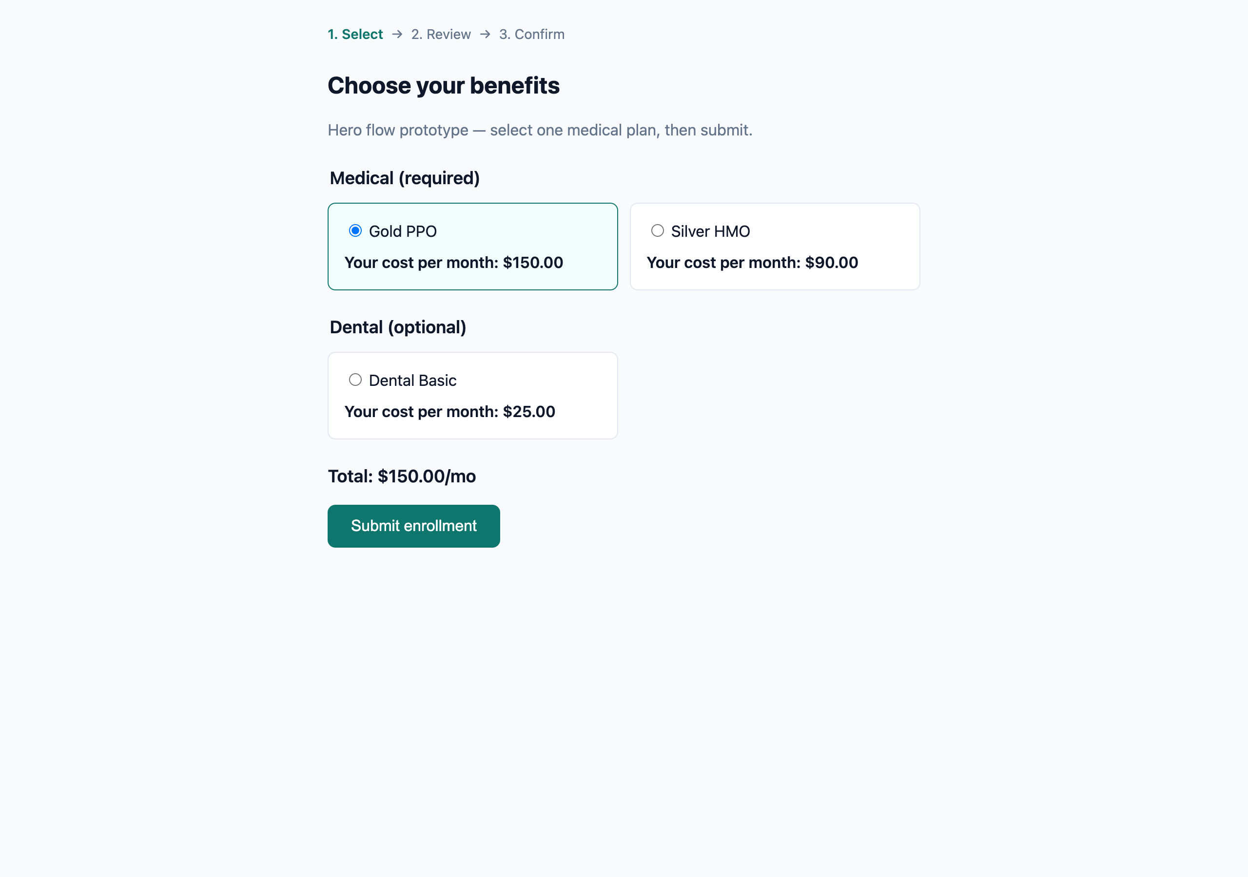 HTML click-through prototype showing plan selection and running total