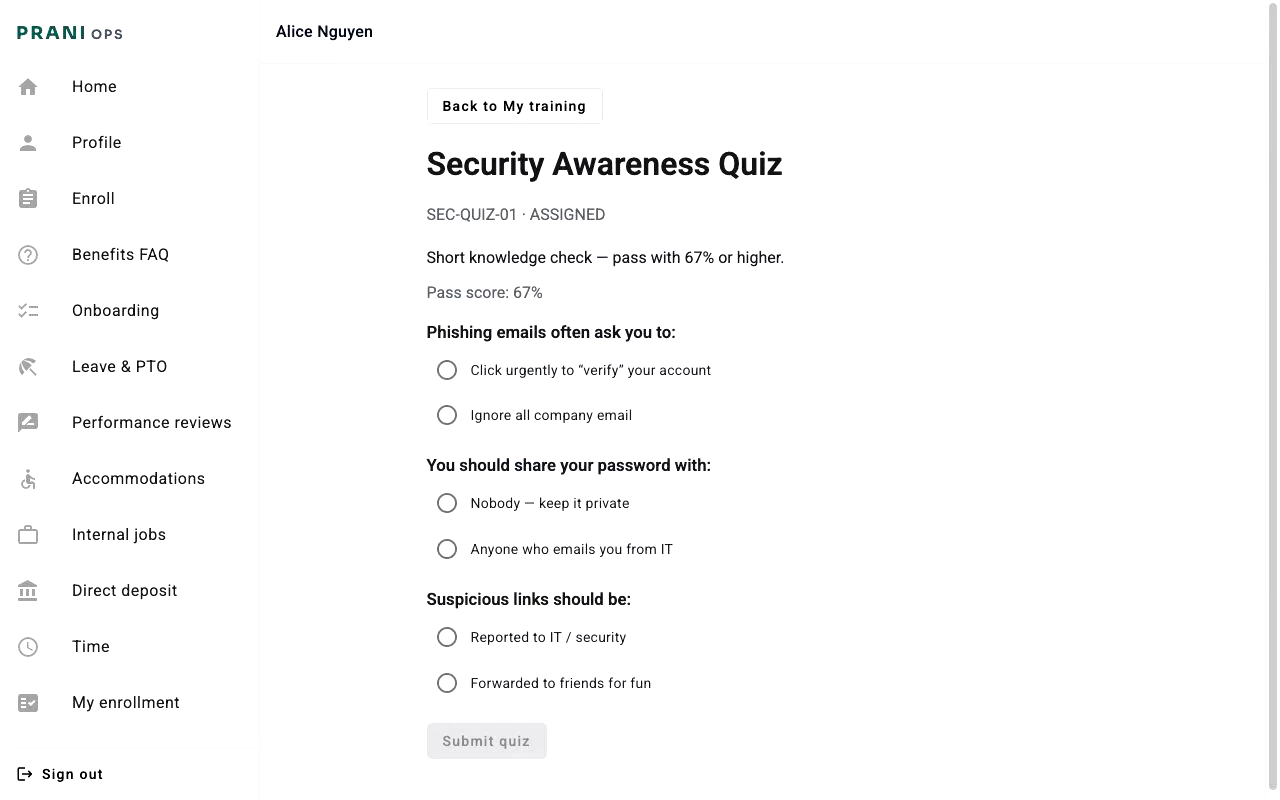 Alice Nguyen taking the Security Awareness Quiz with three multiple-choice questions