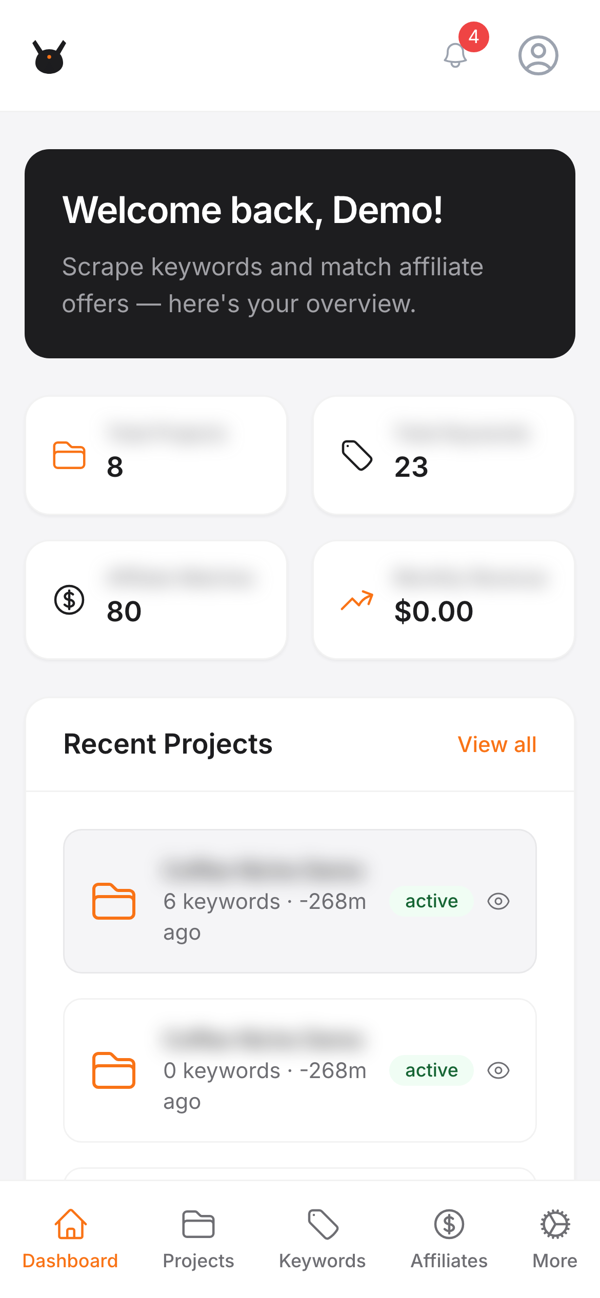 ScrapeKey mobile dashboard overview