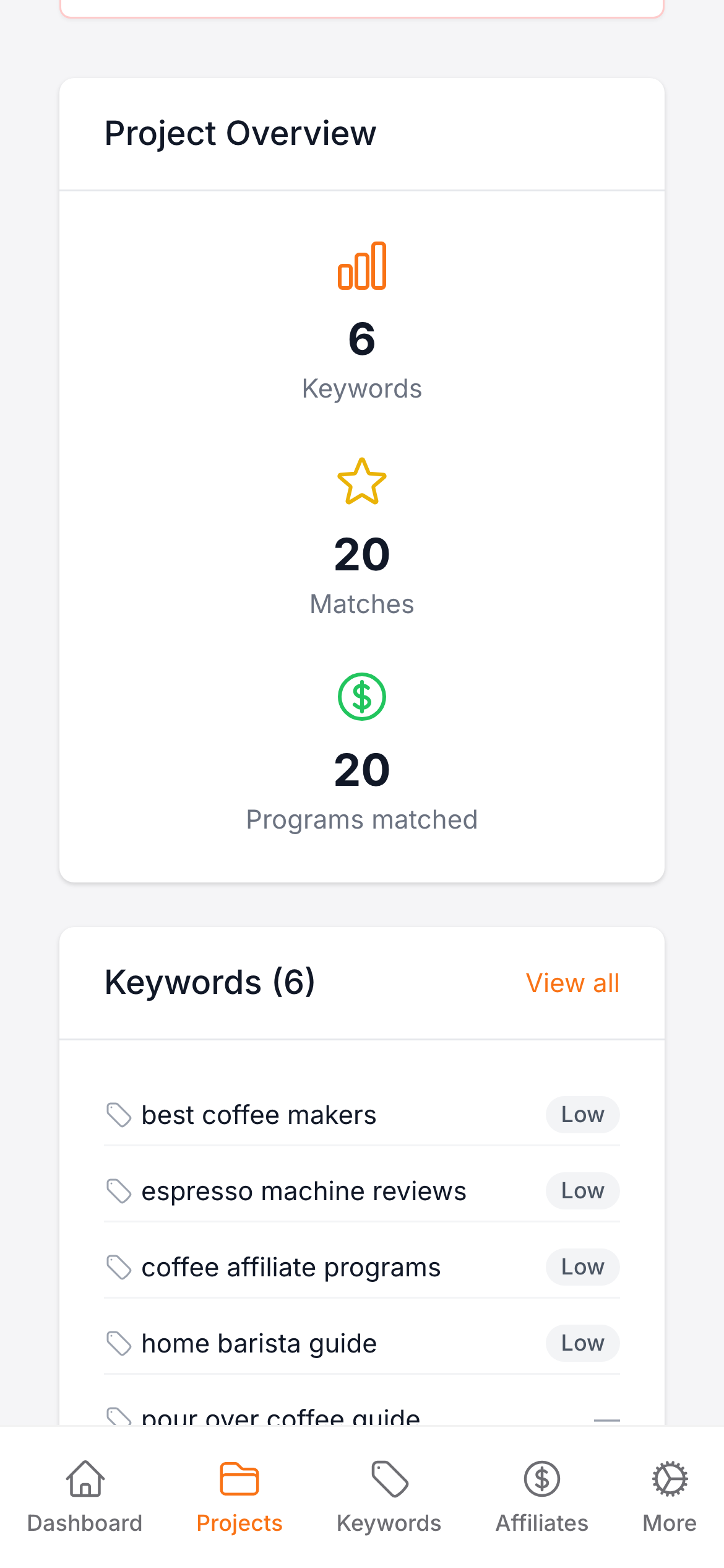 ScrapeKey project workspace showing keywords after a scrape run